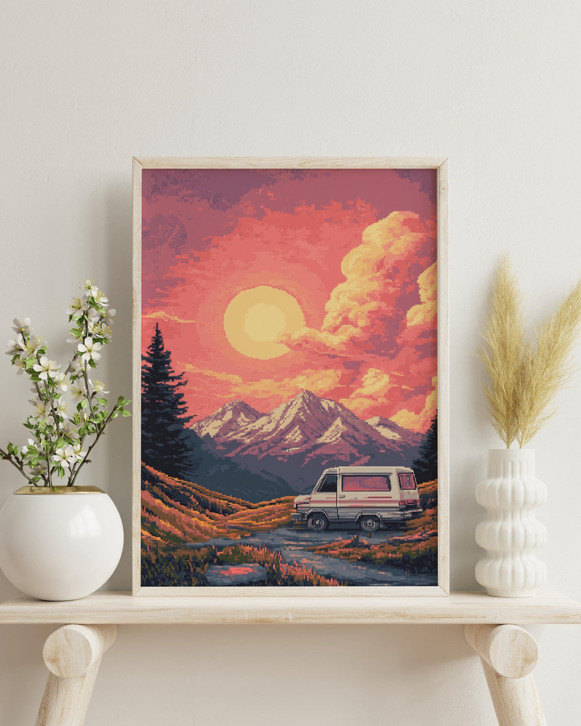 Retro 8 Bit Camping Adventure Poster, Vintage Landscape Wall Art, Boho Home Decor, Nature Photography Print, Unique Gift for Travelers