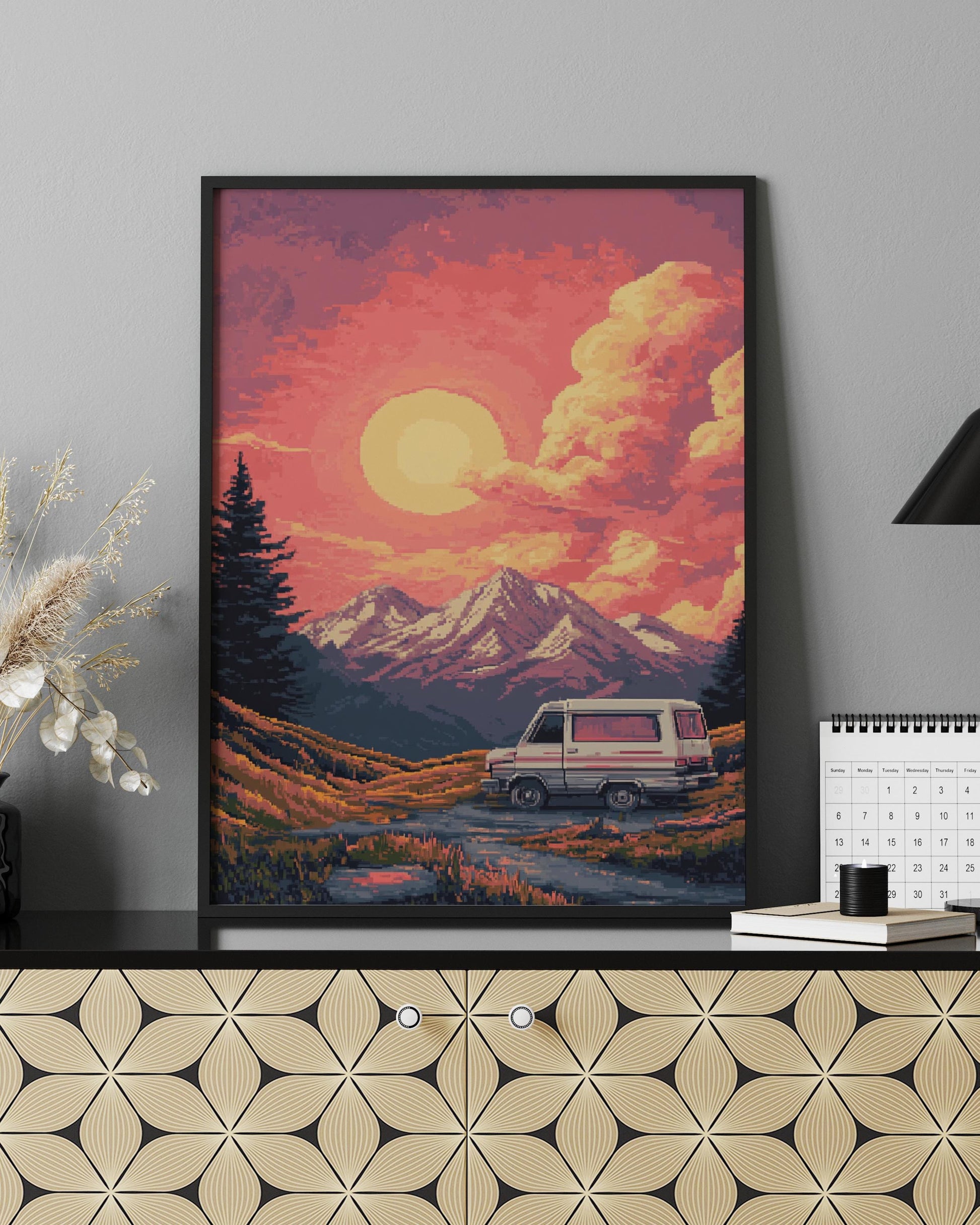 Retro 8 Bit Camping Adventure Poster, Vintage Landscape Wall Art, Boho Home Decor, Nature Photography Print, Unique Gift for Travelers