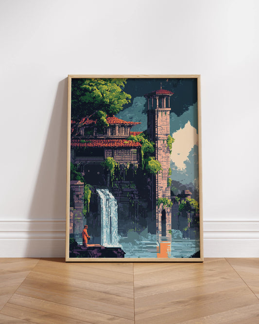 8-Bit Castle Waterfall Poster – Pixel Art Fantasy Wall Print, Retro Pixel Temple Landscape, Vintage Game Style Nature Decor