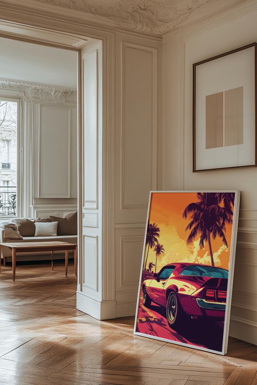 Retro Beach Car Poster Art, Vintage Car Wall Decor, Matte Vertical Print for Car Lovers, Automotive Gift, Tropical Vibes Decor