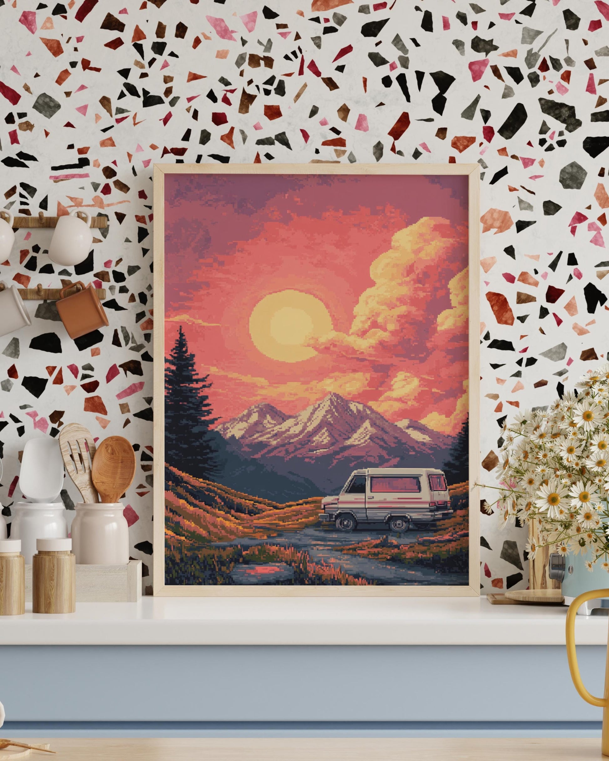 Retro 8 Bit Camping Adventure Poster, Vintage Landscape Wall Art, Boho Home Decor, Nature Photography Print, Unique Gift for Travelers