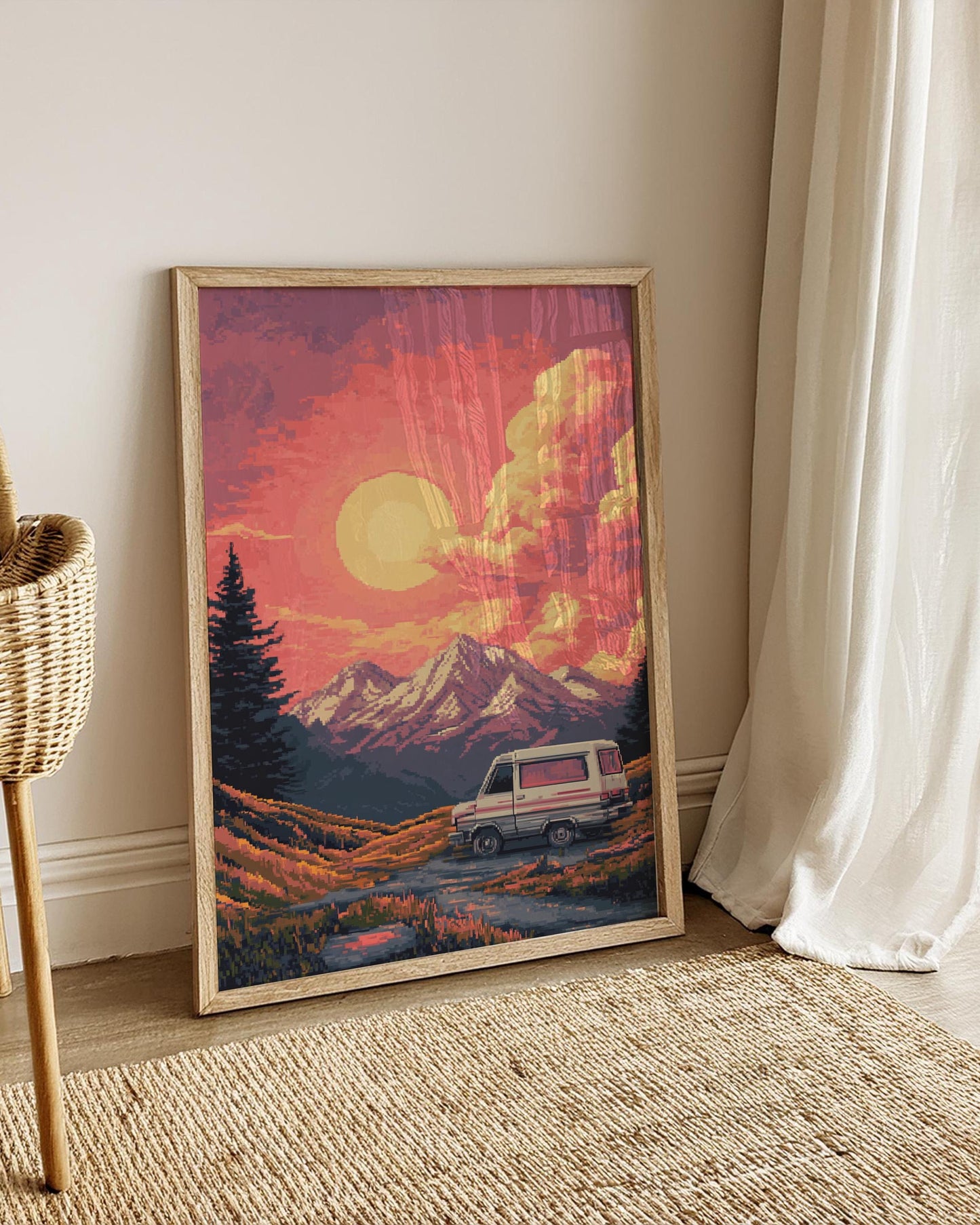 Retro 8 Bit Camping Adventure Poster, Vintage Landscape Wall Art, Boho Home Decor, Nature Photography Print, Unique Gift for Travelers