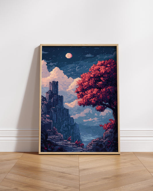 8 bit Pixel Art Landscape Poster, Matte Vertical Wall Art, Home Decor, Vintage Art Print, Gift for Art Lovers, Cozy Aesthetic Decorations