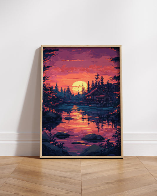 8 Bit Nature-Inspired Matte Vertical Poster | Sunset Scene Wall Art, Home Decor, Gift for Art Lovers, Cozy Living Space Accent