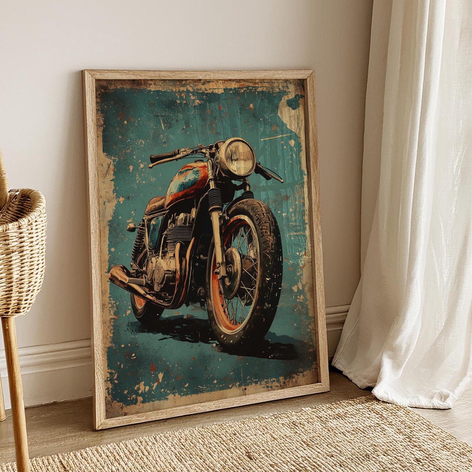 Rustic Cafe Racer Poster – Vintage Motorcycle Wall Art, Retro Garage Decor, Grunge Bike Print, Industrial Biker Gift for Him