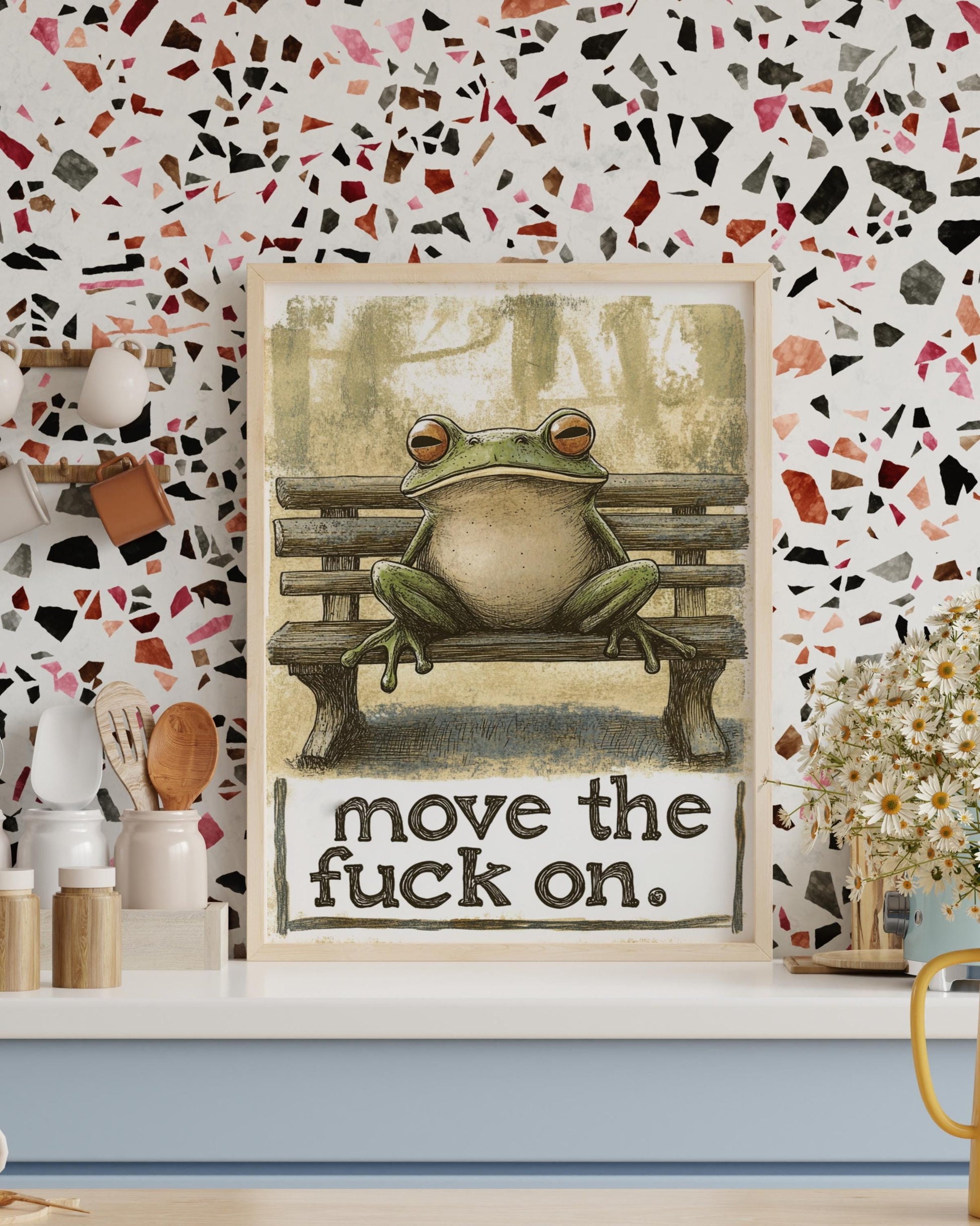 Whimsical Frog Art Poster - "Move the F**k On" - Funny Wall Decor, Unique Gift, Home Art, Motivational Print, Frog Lovers