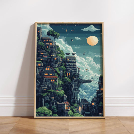 8-Bit Futuristic City Poster – Pixel Art Sci-Fi Wall Print, Retro Urban Cliff Landscape, Cyber Village Night Scene Decor