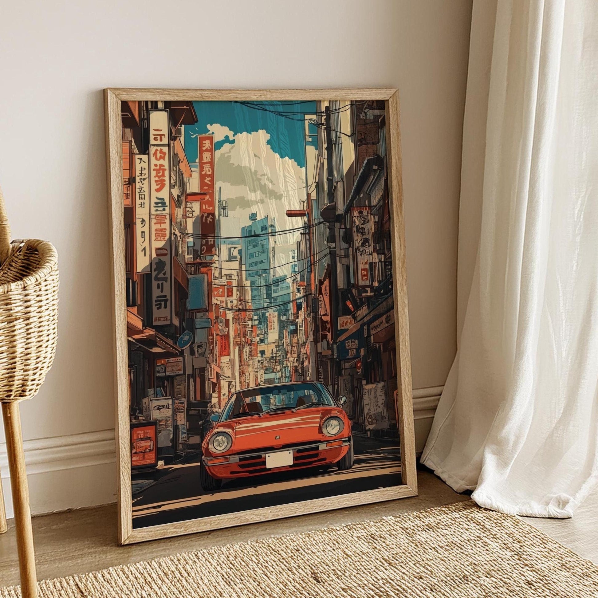 Retro Car in Tokyo Street Poster – Japanese Cityscape Wall Art, Classic Auto Print, Urban Anime Decor, JDM Inspired Gift for Him