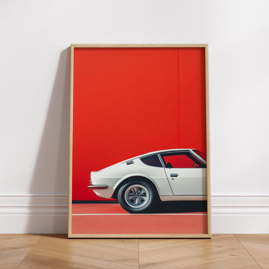 Minimalist Sports Car Poster – Modern Retro Wall Art, White Coupe Auto Print, Red Background Decor, Cool Driver Gift for Car Lovers