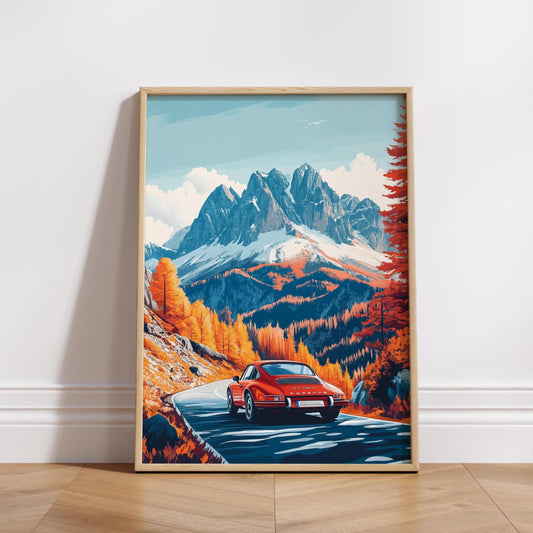 German Sports Car Alpine Drive Poster – Scenic Mountain Road Wall Art, Fall Landscape Print, Classic Car Decor, Retro Adventure Gift