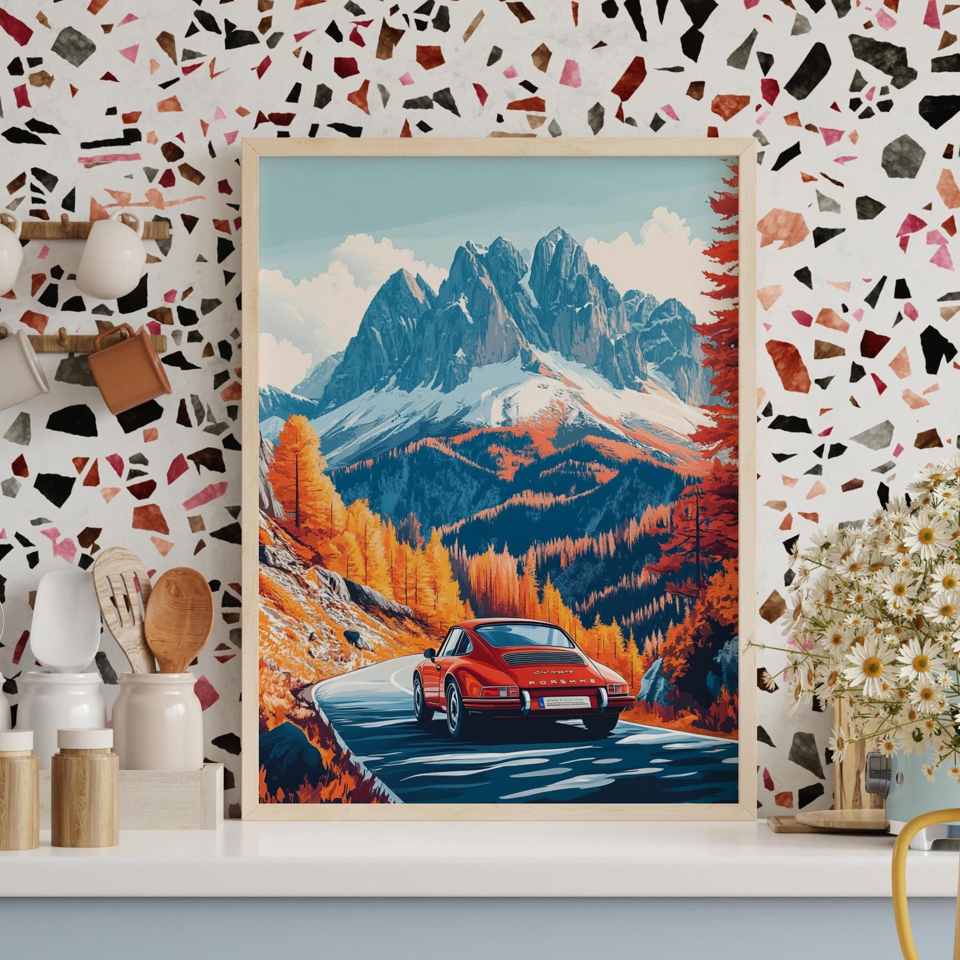 German Sports Car Alpine Drive Poster – Scenic Mountain Road Wall Art, Fall Landscape Print, Classic Car Decor, Retro Adventure Gift