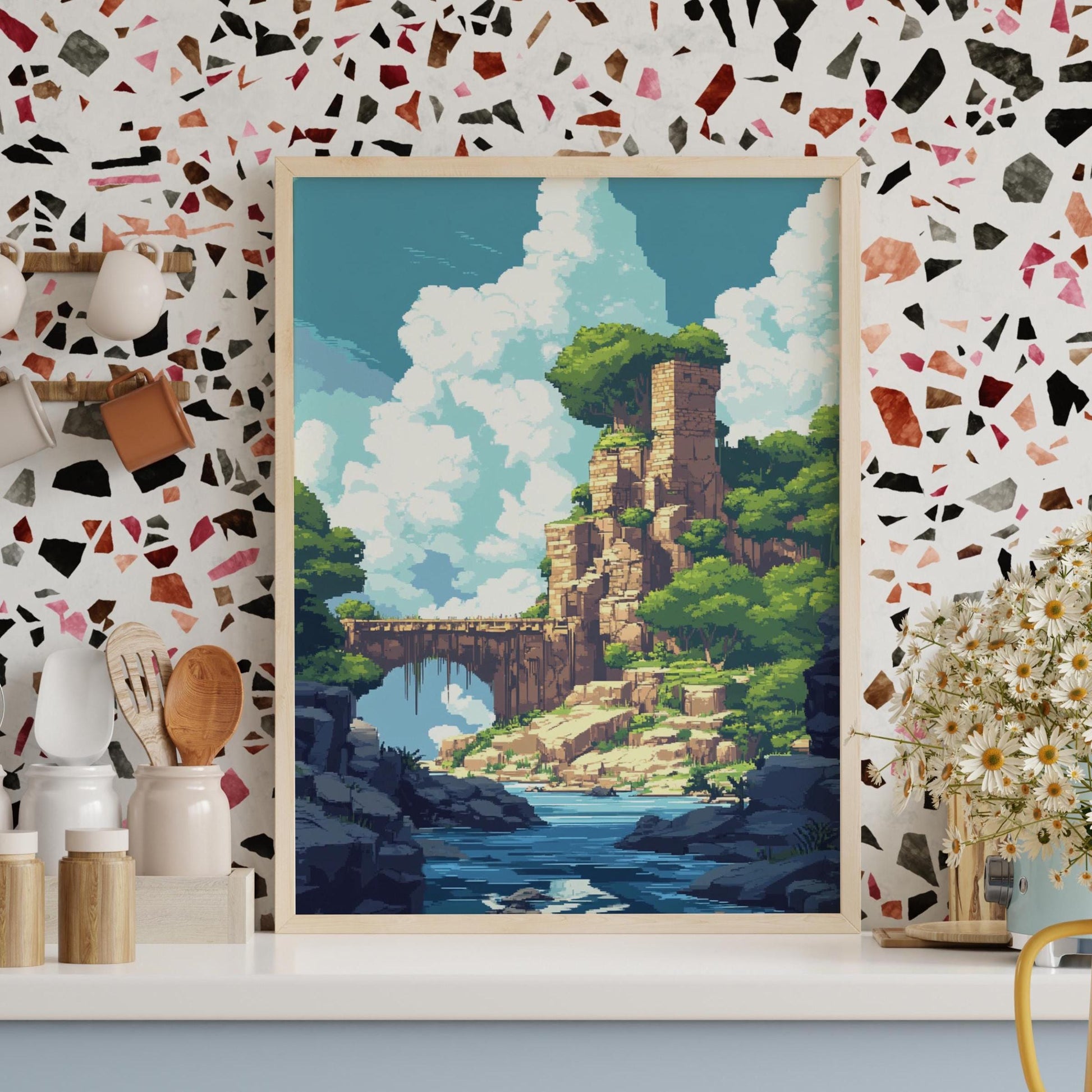 Serene 8 Bit Art Adventure Matte Poster, Landscape Wall Art, Nature Decor, Retro Illustration, Home Office Art, Gift for Travelers
