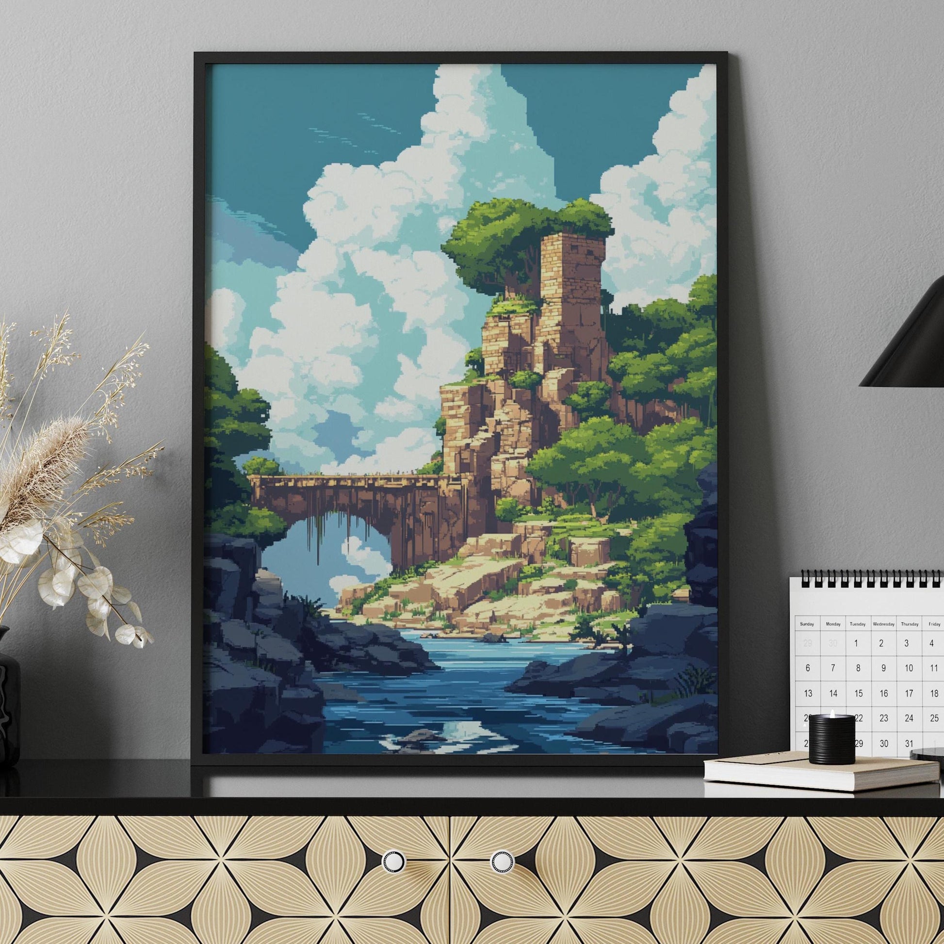 Serene 8 Bit Art Adventure Matte Poster, Landscape Wall Art, Nature Decor, Retro Illustration, Home Office Art, Gift for Travelers