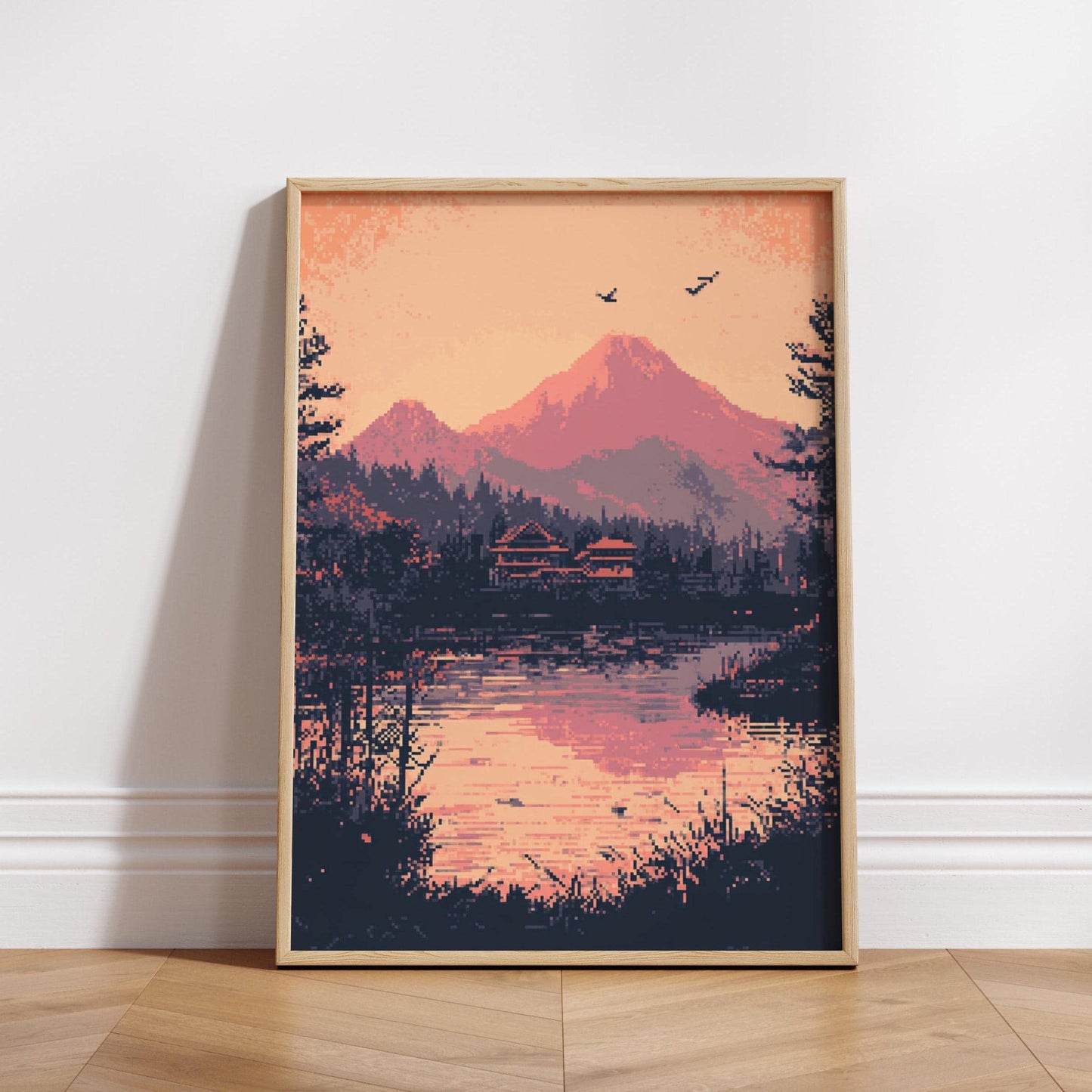 Pixel Art Mountain Sunset Poster – Aesthetic 8-Bit Landscape Print with Lake Reflection, Retro Gaming Wall Decor for Cozy Spaces