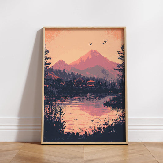 Pixel Art Mountain Sunset Poster – Aesthetic 8-Bit Landscape Print with Lake Reflection, Retro Gaming Wall Decor for Cozy Spaces