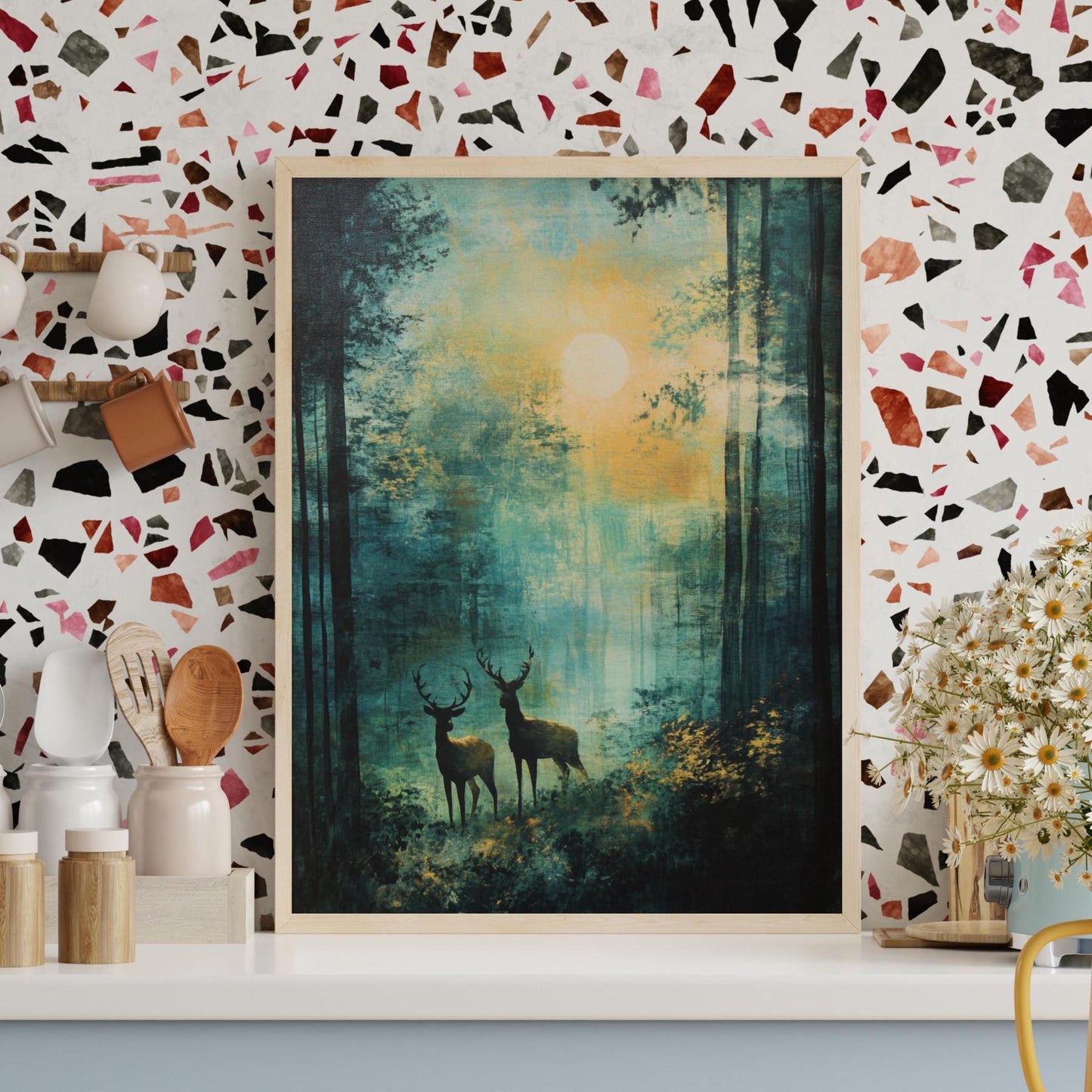 Deer in colorful forest Poster | Wildlife in woodlands wall art | Forest landscape wall art | Nature print | Animal home decor |