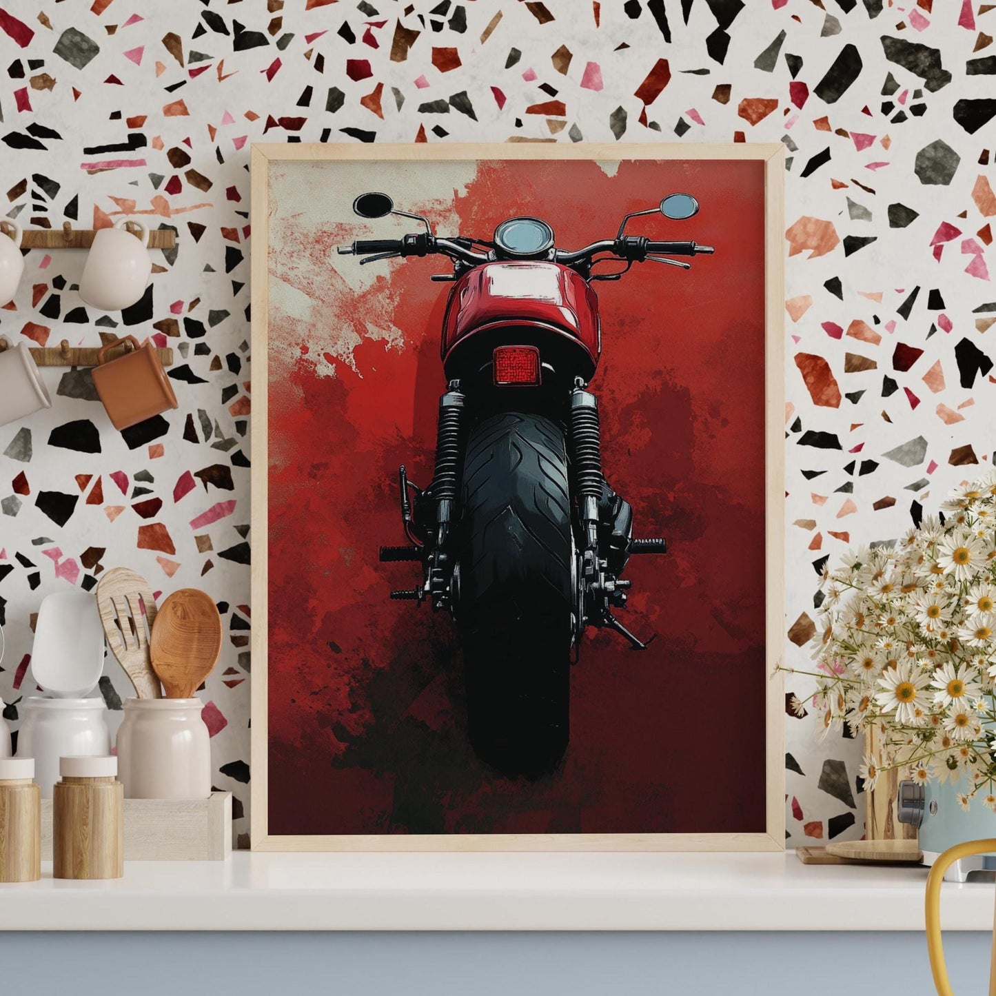 Cafe Racer Rear View Poster – Bold Motorcycle Wall Art, Minimalist Biker Print, Red Grunge Garage Decor, Modern Moto Gift for Him