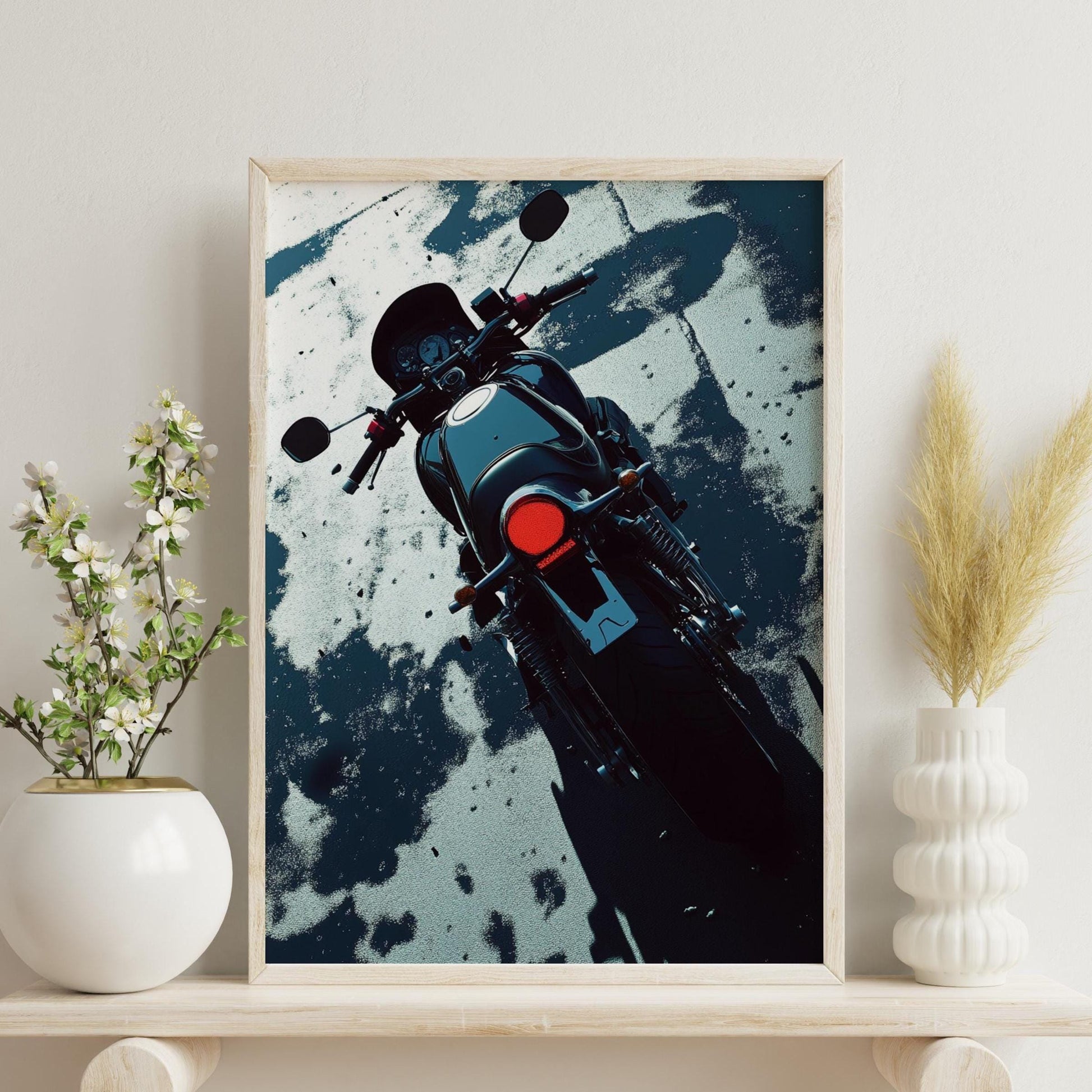Modern Cafe Racer Poster – Minimalist Motorcycle Wall Art, Rear View Moto Print, Dark Urban Decor, Bold Biker Gift for Him