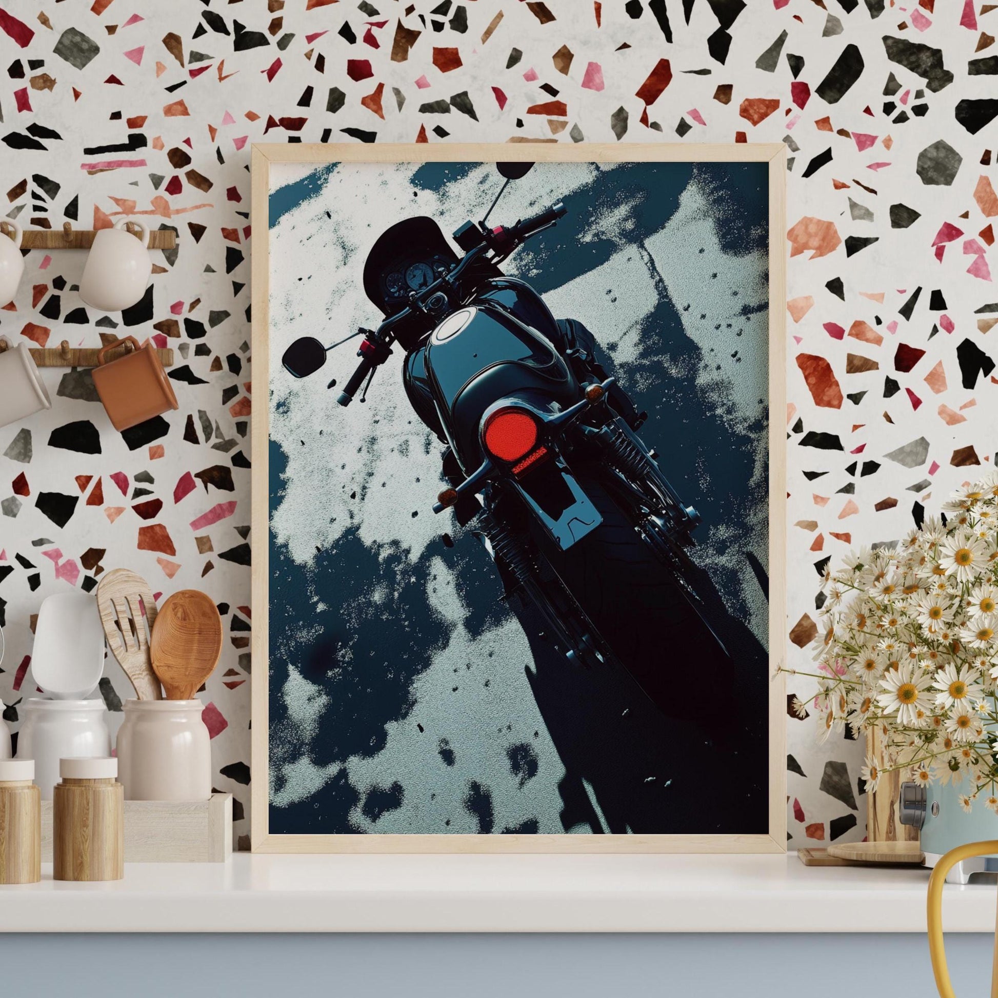 Modern Cafe Racer Poster – Minimalist Motorcycle Wall Art, Rear View Moto Print, Dark Urban Decor, Bold Biker Gift for Him