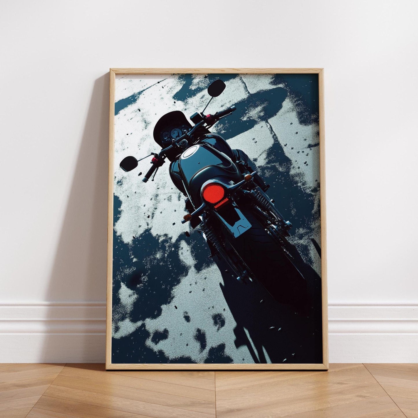 Modern Cafe Racer Poster – Minimalist Motorcycle Wall Art, Rear View Moto Print, Dark Urban Decor, Bold Biker Gift for Him