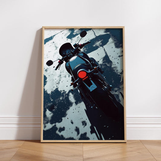 Modern Cafe Racer Poster – Minimalist Motorcycle Wall Art, Rear View Moto Print, Dark Urban Decor, Bold Biker Gift for Him