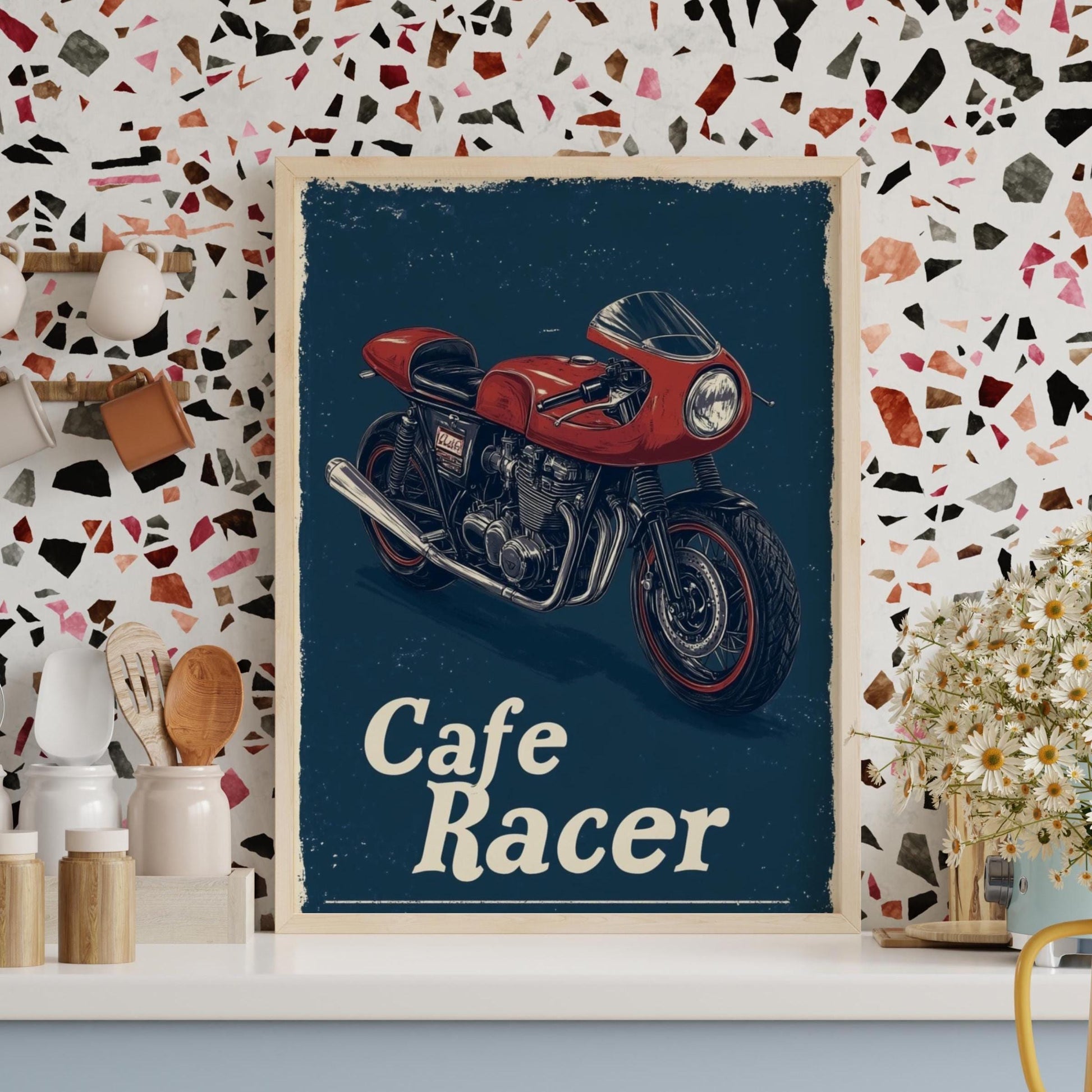 Cafe Racer Motorcycle Poster – Retro Racing Bike Wall Art, Bold Red Moto Print, Garage Decor for Bikers, Vintage Speed Gift for Him