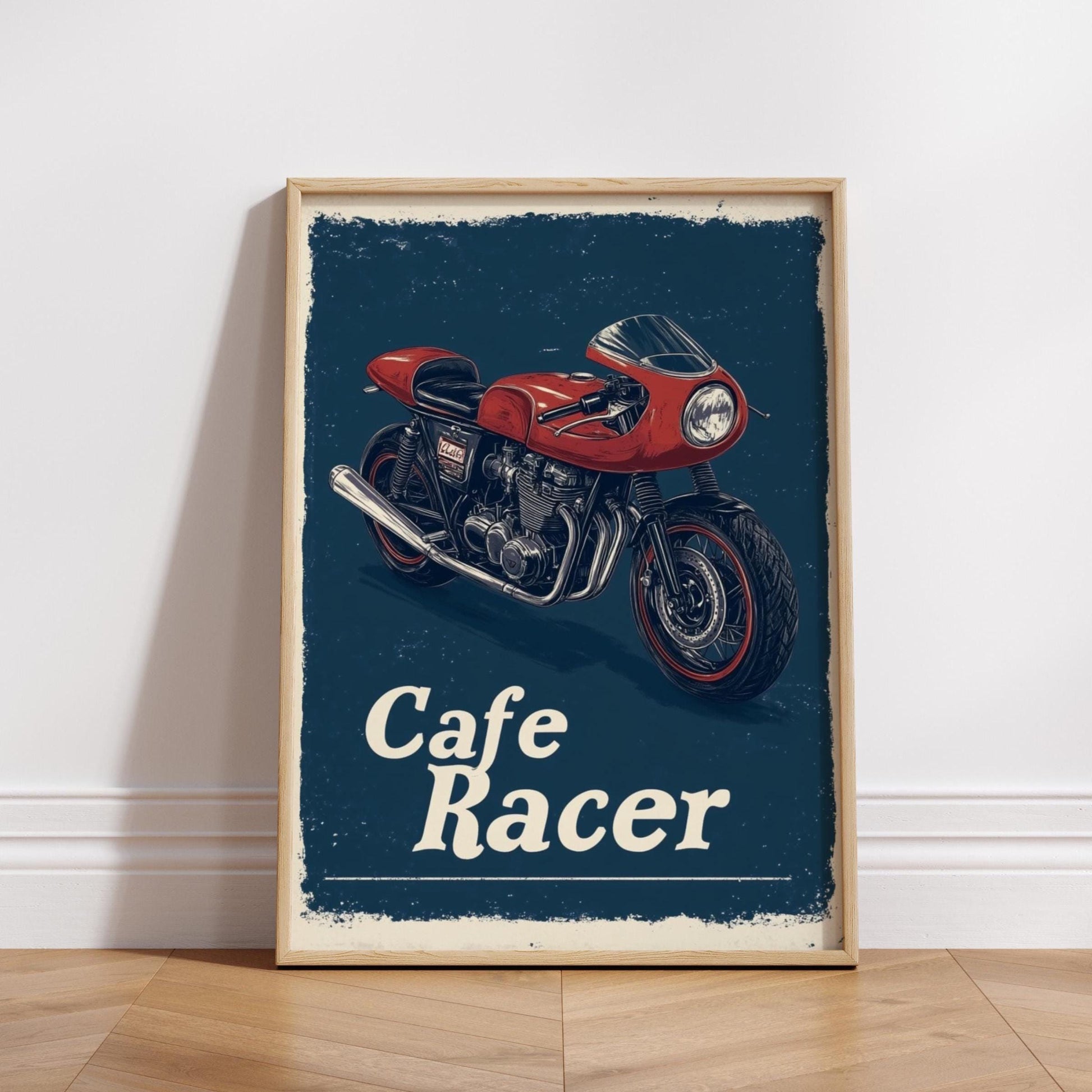 Cafe Racer Motorcycle Poster – Retro Racing Bike Wall Art, Bold Red Moto Print, Garage Decor for Bikers, Vintage Speed Gift for Him