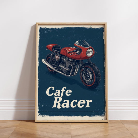 Cafe Racer Motorcycle Poster – Retro Racing Bike Wall Art, Bold Red Moto Print, Garage Decor for Bikers, Vintage Speed Gift for Him