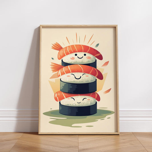 Cute Sushi Stack Matte Poster, Kawaii Decor, Kitchen Wall Art, Sushi Lover Gift, Home Decoration, Fun Dining Room Art, Cozy Vibes, Cute Art