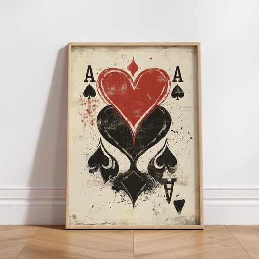 Grunge Playing Card Wall Art – Ace of Spades and Hearts Poster – Vintage Poker Print for Game Room, Bar, or Man Cave Decor
