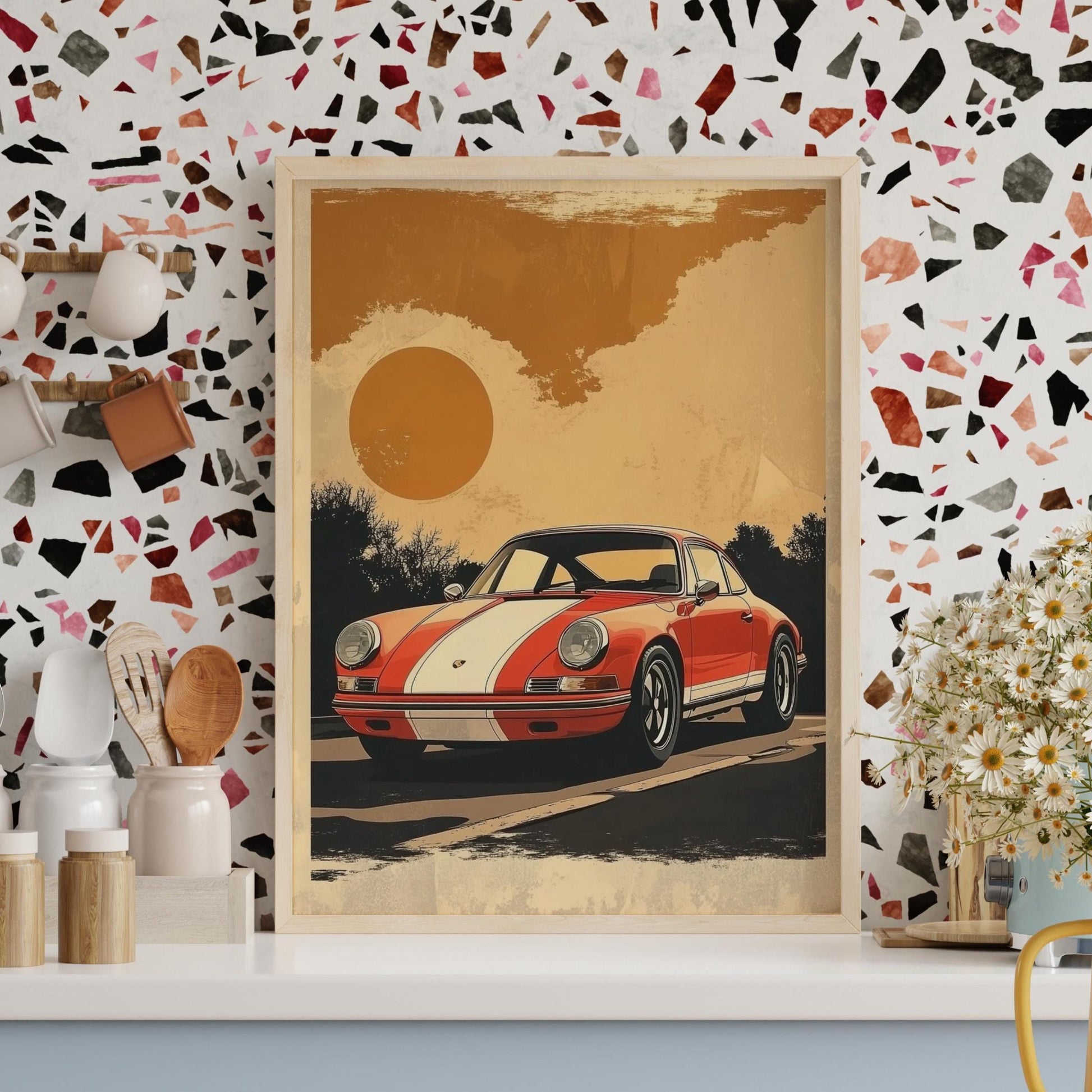 Retro Racing Car Poster – Vintage Sports Car Wall Art, Sunset Road Print, Bold Stripe Auto Decor, Classic Driver Gift for Him