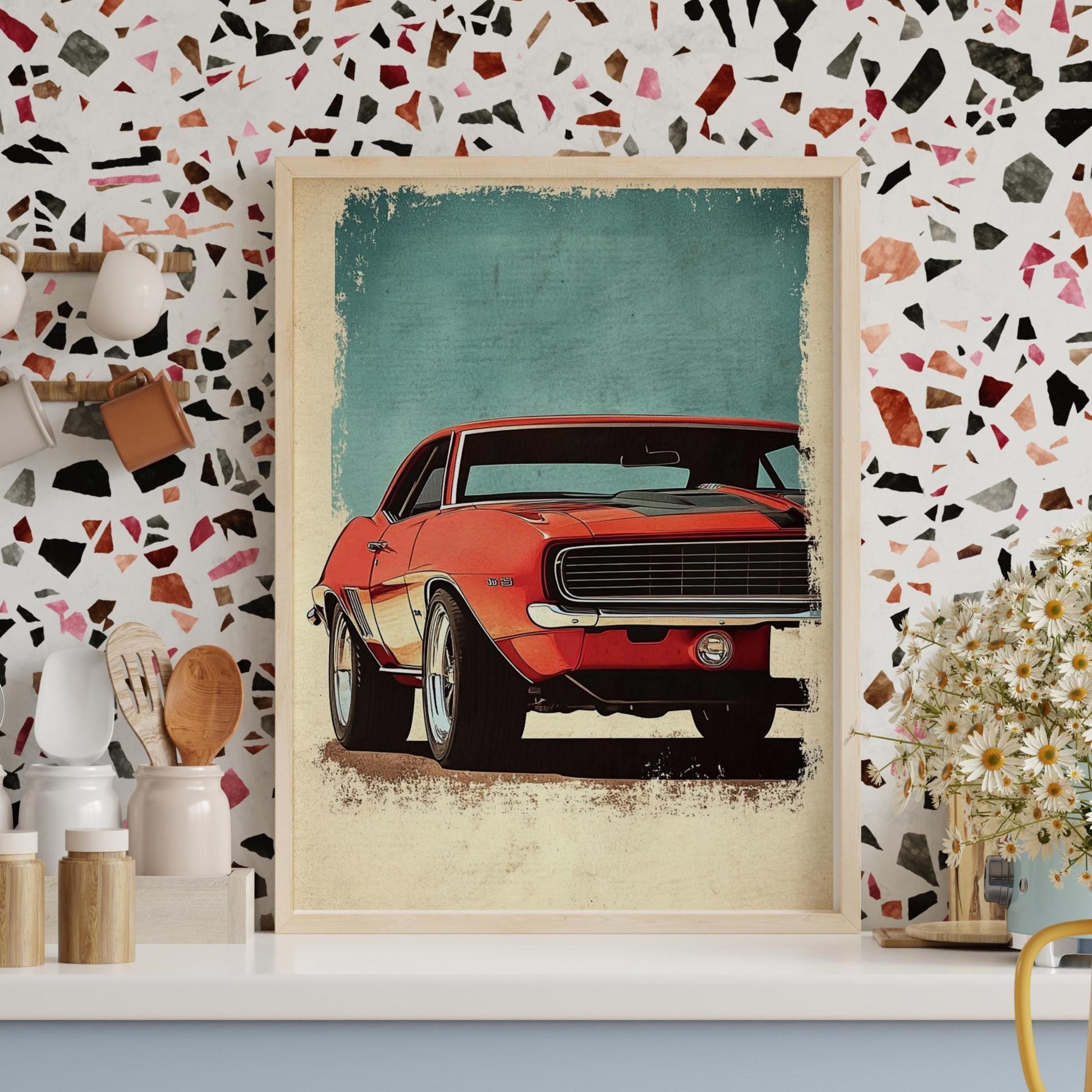Classic Muscle Car Poster – Vintage American Auto Wall Art, Bold Red Camaro Print, Retro Garage Decor, Gift for Car Lovers