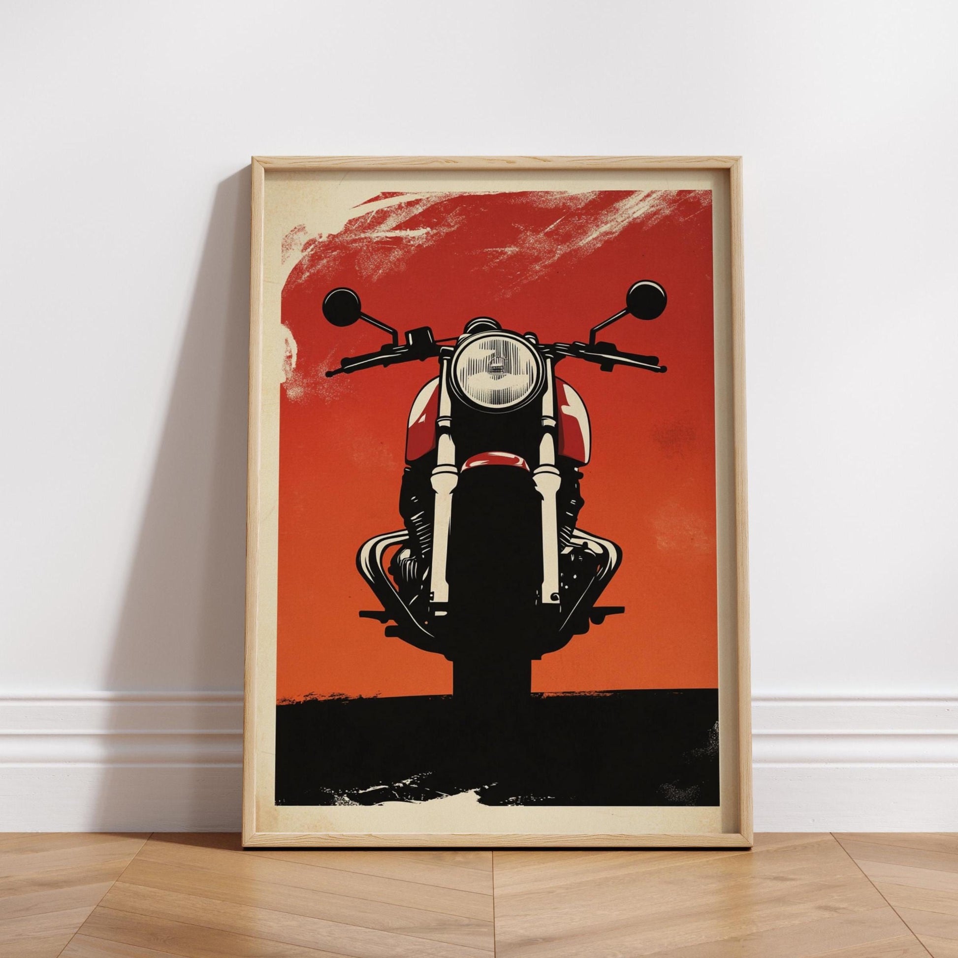 Cafe Racer Motorcycle Poster – Retro Head-On Bike Wall Art, Bold Red Moto Print, Minimalist Garage Decor, Vintage Biker Gift for Him