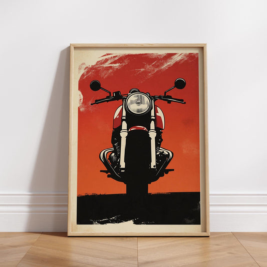 Cafe Racer Motorcycle Poster – Retro Head-On Bike Wall Art, Bold Red Moto Print, Minimalist Garage Decor, Vintage Biker Gift for Him