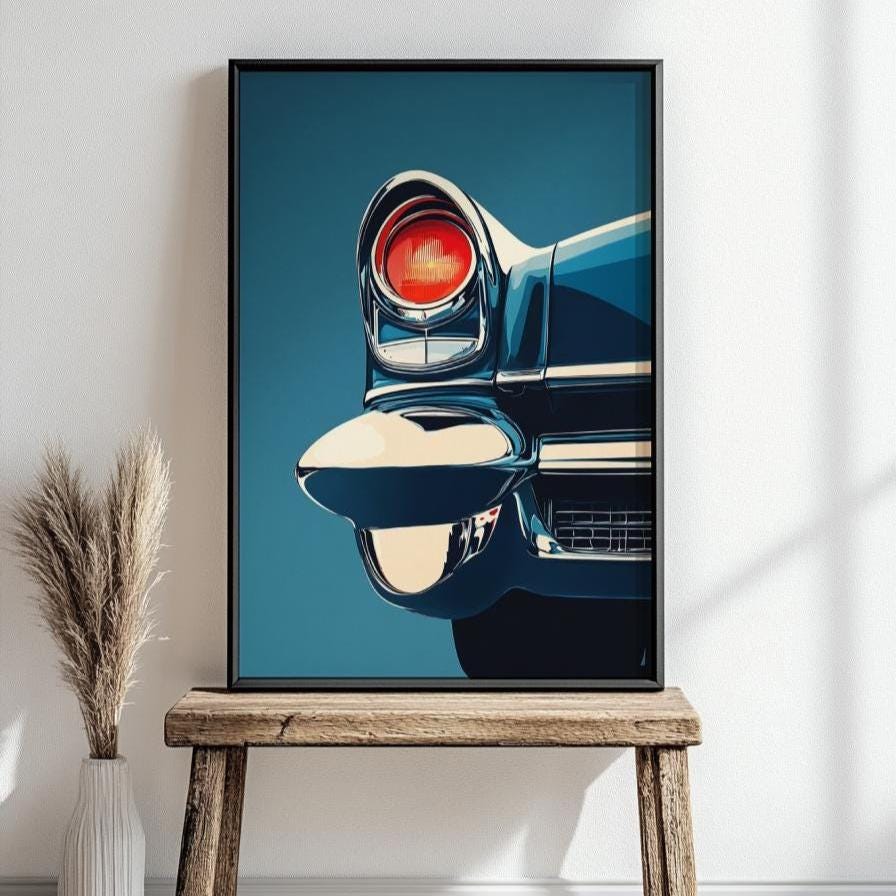 Classic Car Tail Fin Poster – Retro Chrome Wall Art, Minimalist Auto Print, Vintage American Ride Decor, Gift for Car Enthusiasts