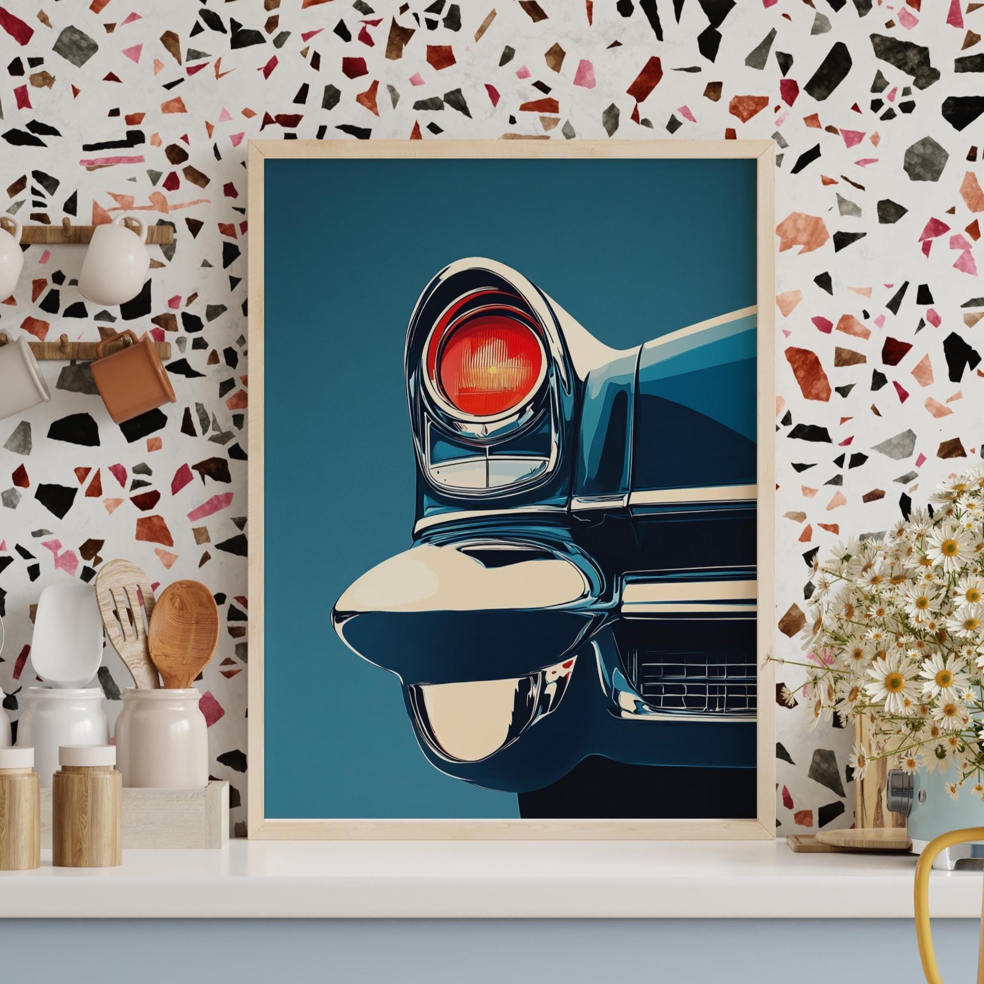 Classic Car Tail Fin Poster – Retro Chrome Wall Art, Minimalist Auto Print, Vintage American Ride Decor, Gift for Car Enthusiasts