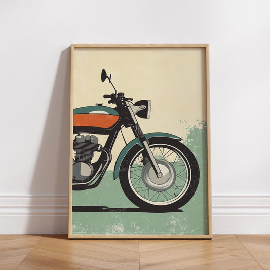 Minimalist Vintage Motorcycle Poster – Retro Bike Wall Art, Teal and Orange Moto Print, Modern Garage Decor, Gift for Biker Enthusiasts
