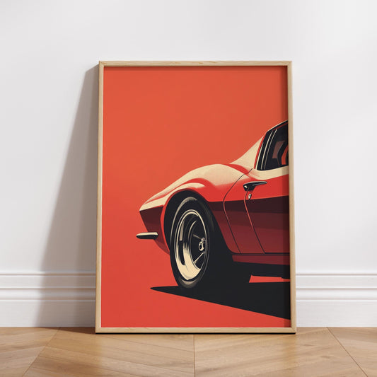 Minimalist Vintage Sports Car Poster – Retro Red Auto Wall Art, Clean Vector Print, Bold Orange Decor, Gift for Car Enthusiasts