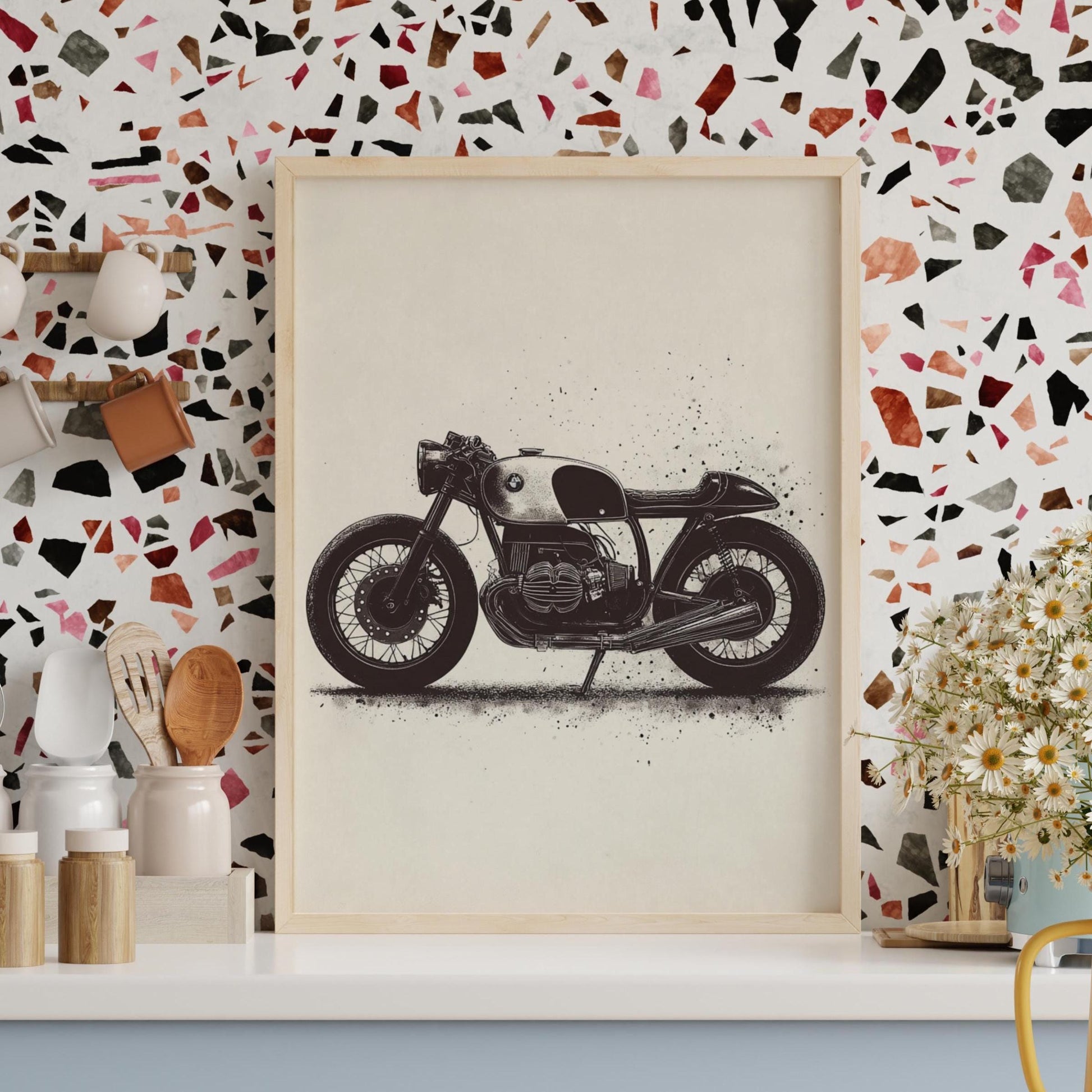 Cafe Racer Motorcycle Poster Print – Vintage BMW Bike Wall Art, Retro Garage Decor, Minimalist Ink Style Biker Gift for Him