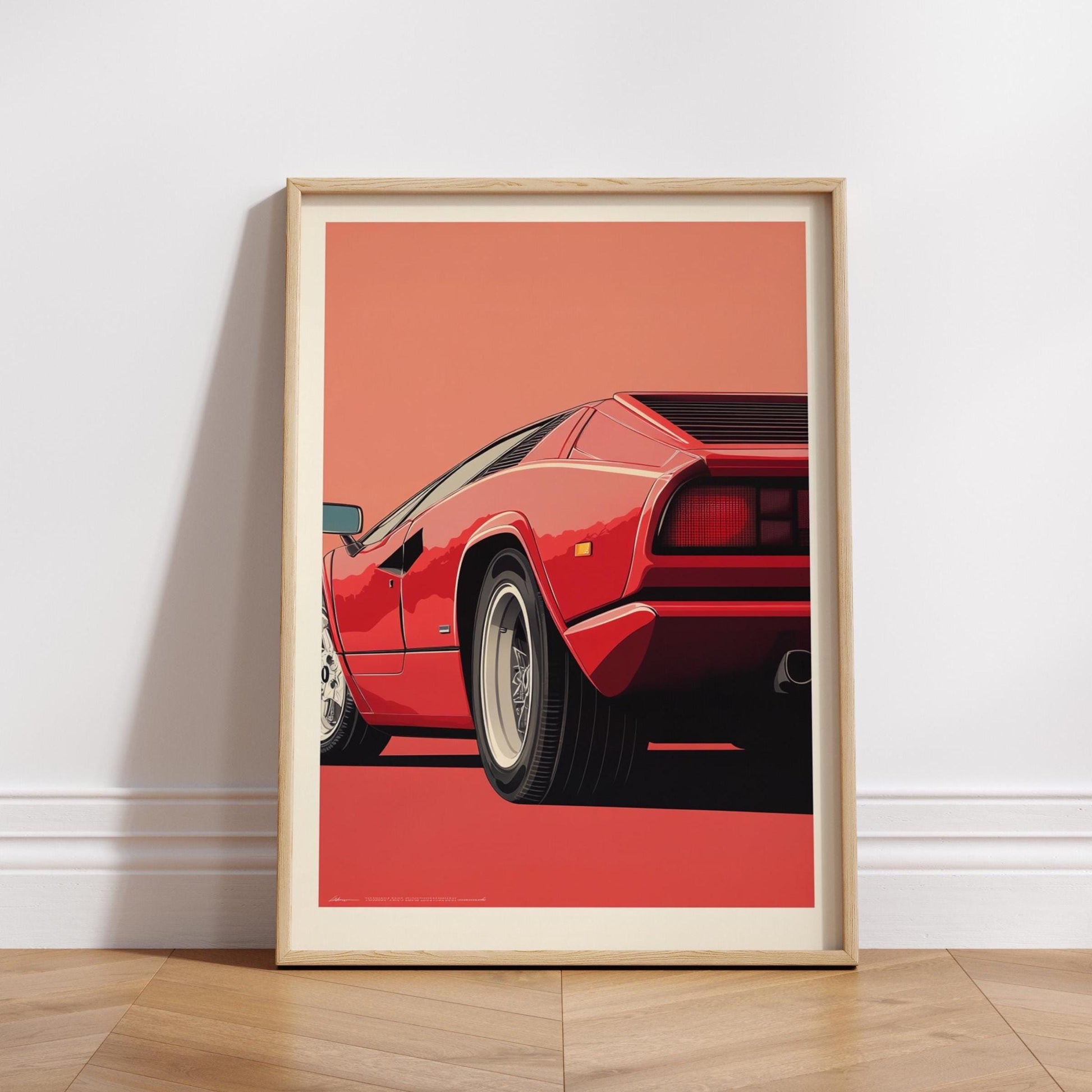 Retro 80s Supercar Poster – Red Exotic Car Wall Art, Vintage Garage Decor, Minimalist Auto Print, Sports Car Gift for Him