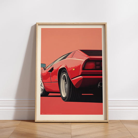 Retro 80s Supercar Poster – Red Exotic Car Wall Art, Vintage Garage Decor, Minimalist Auto Print, Sports Car Gift for Him