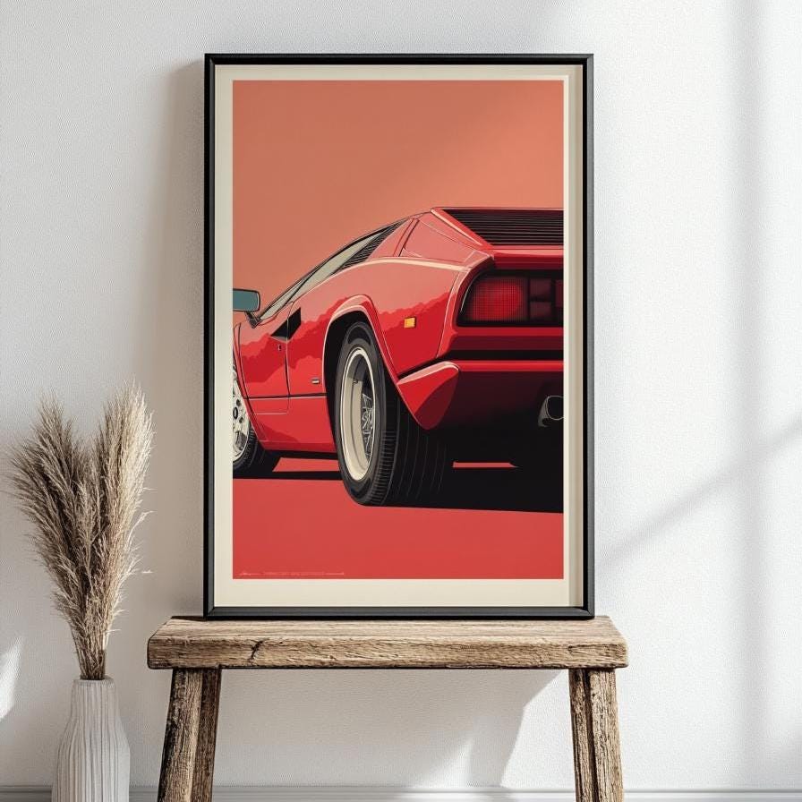 Retro 80s Supercar Poster – Red Exotic Car Wall Art, Vintage Garage Decor, Minimalist Auto Print, Sports Car Gift for Him