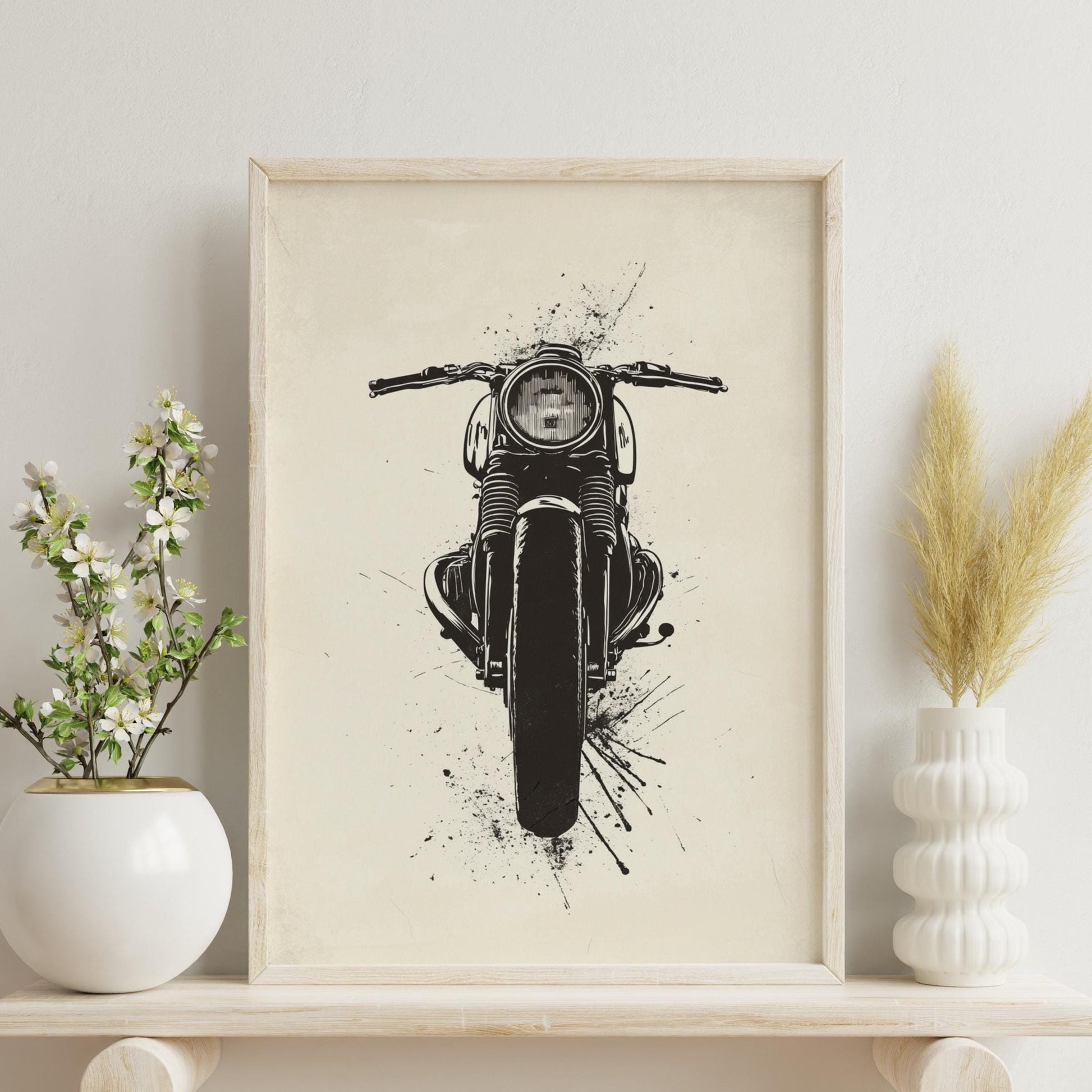Cafe Racer Front View Poster – Minimalist Motorcycle Art Print, Black Ink Style Wall Decor, Biker Garage Gift, Bold Moto Artwork