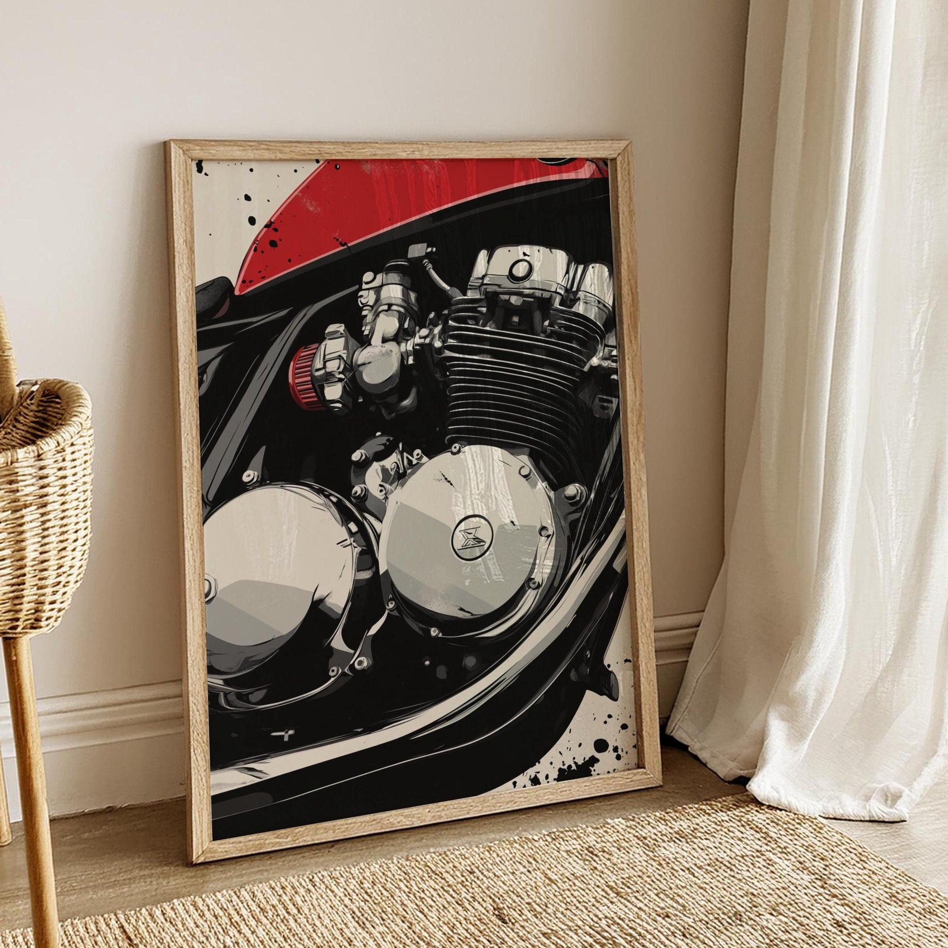 Cafe Racer Engine Poster – Detailed Motorcycle Wall Art, Red Tank Moto Print, Bold Mechanical Decor, Garage Gift for Biker Enthusiasts