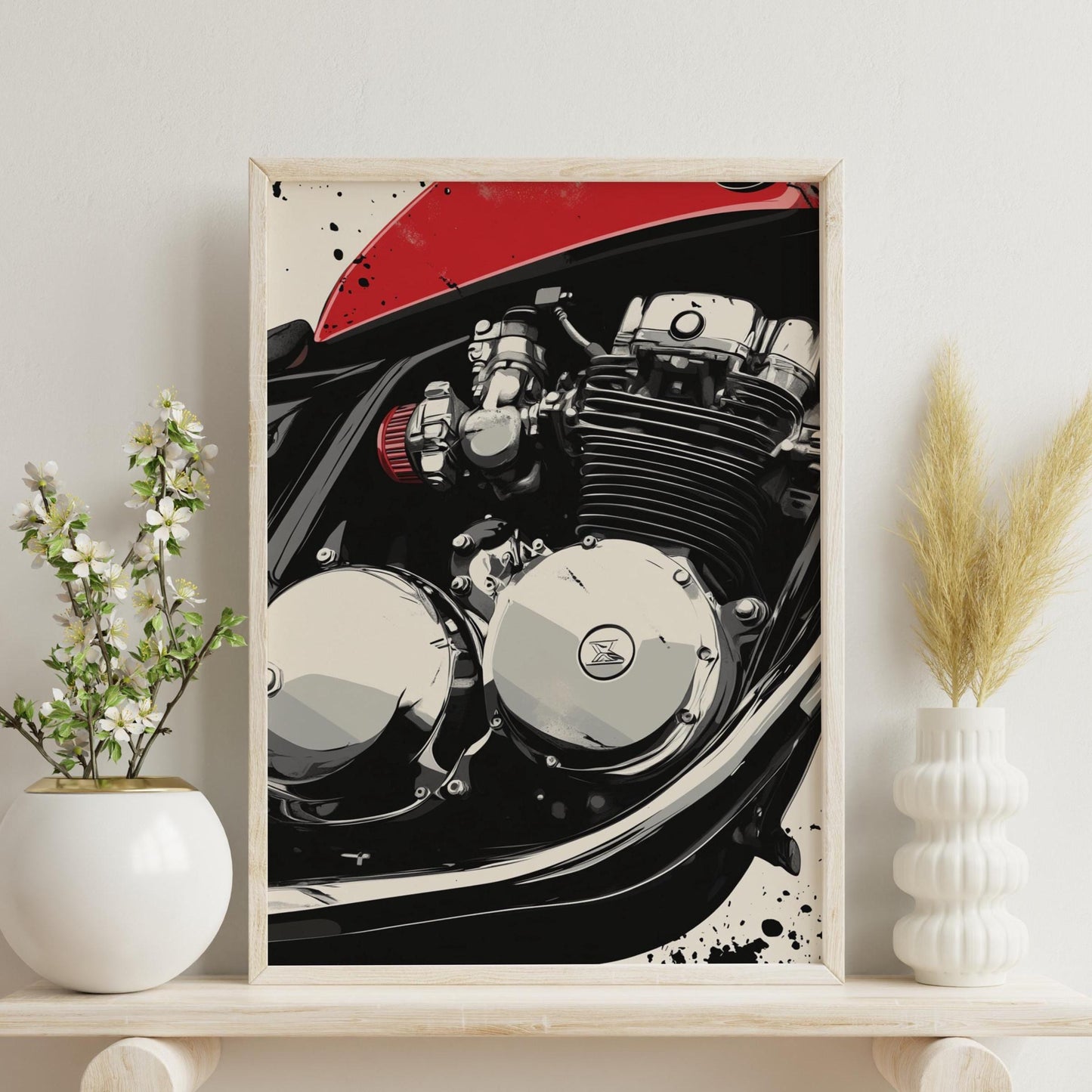 Cafe Racer Engine Poster – Detailed Motorcycle Wall Art, Red Tank Moto Print, Bold Mechanical Decor, Garage Gift for Biker Enthusiasts