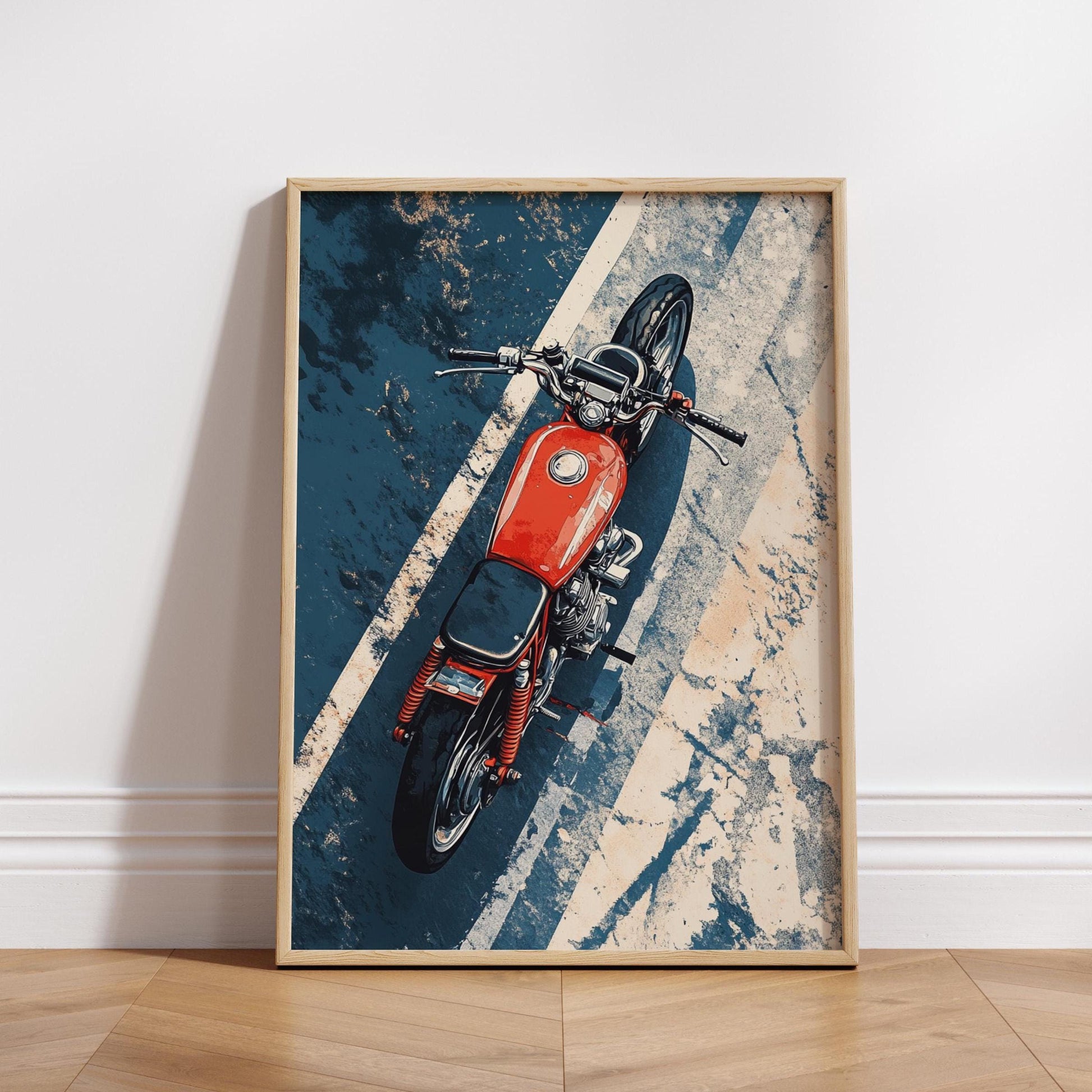 Cafe Racer Overhead Poster – Vintage Motorcycle Wall Art, Red Bike on Road Print, Gritty Moto Decor, Gift for Bikers and Riders