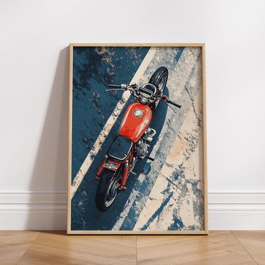 Cafe Racer Overhead Poster – Vintage Motorcycle Wall Art, Red Bike on Road Print, Gritty Moto Decor, Gift for Bikers and Riders
