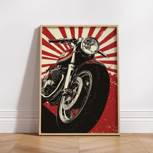 Cafe Racer Sunburst Poster – Bold Motorcycle Wall Art, Retro Red Moto Print, Classic Garage Decor, Gift for Bikers and Riders