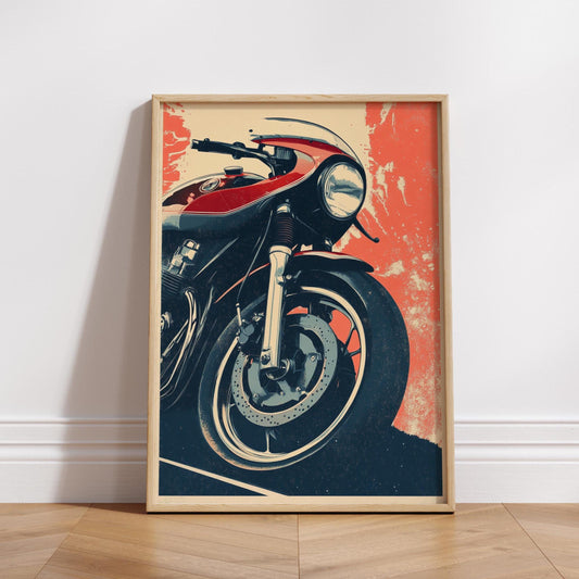 Cafe Racer Motorcycle Poster – Bold Red Wall Art Print, Retro Bike Front View, Modern Garage Decor, Gift for Biker or Moto Fan