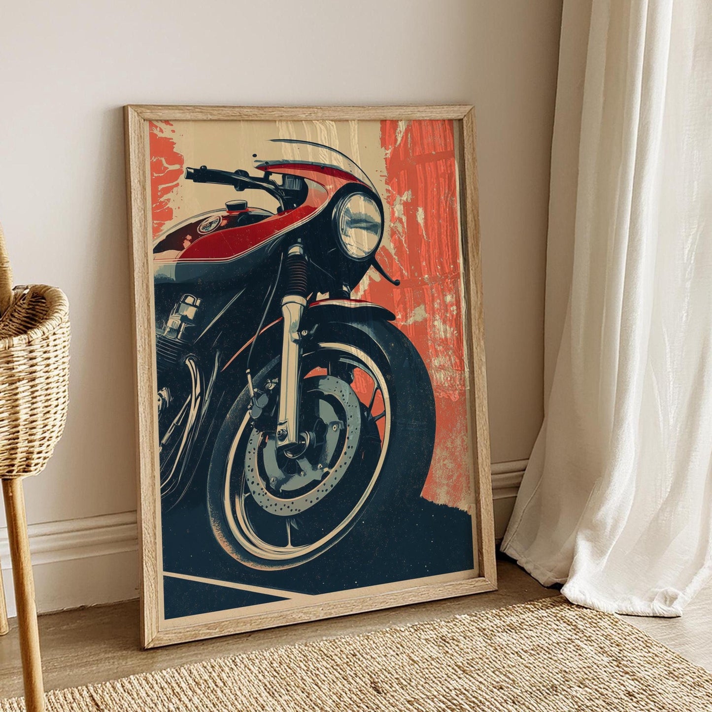 Cafe Racer Motorcycle Poster – Bold Red Wall Art Print, Retro Bike Front View, Modern Garage Decor, Gift for Biker or Moto Fan